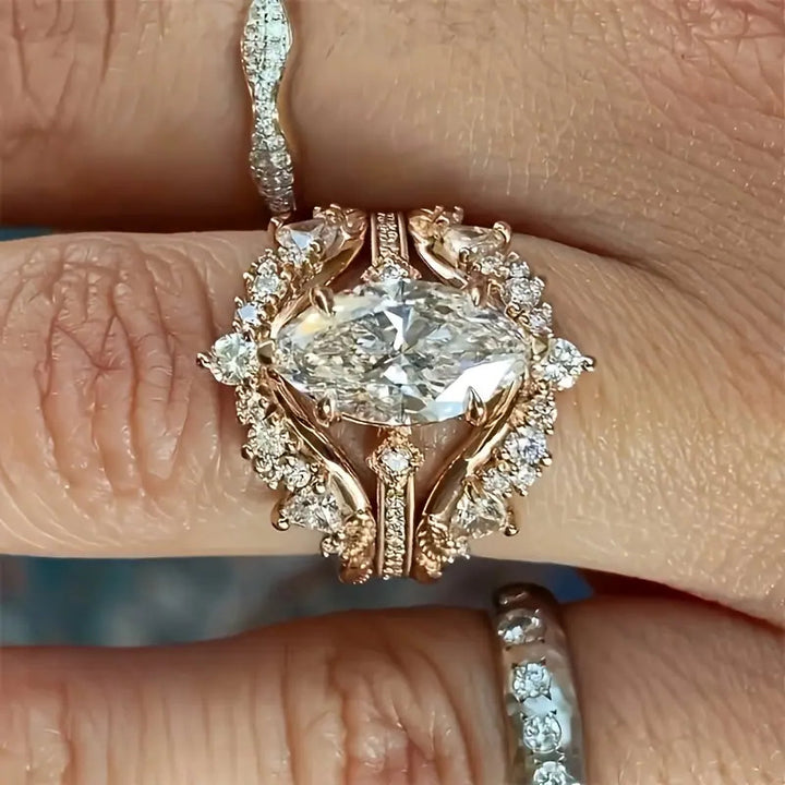 Marquise Cut Diamond Ring Set, 14K Gold Vintage Floral Stacking Bridal Ring