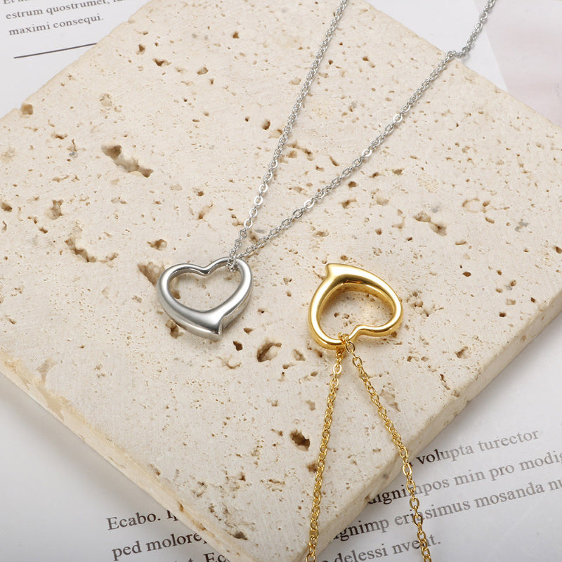 Minimalist Open Heart Pendant Necklace, Dainty Hollow Heart Chain For Women