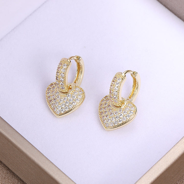 Sparkling Heart Drop Huggie Earrings, Paved Diamond Heart Earrings for Women Daily Party Jewelry