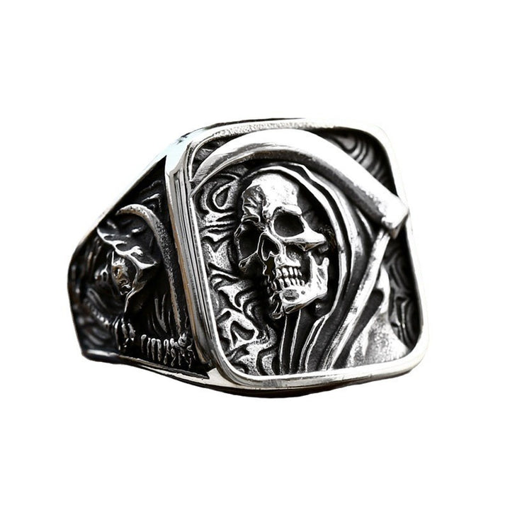 Vintage Grim Reaper Skull 3D Carved Wide Band Men's Statement Ring, Punk Hip Hop Death Skull Ring