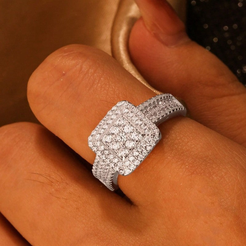 Square Double Halo Pave Diamond Statement Ring, Luxury Cocktail Engagement Wedding Finger Jewelry