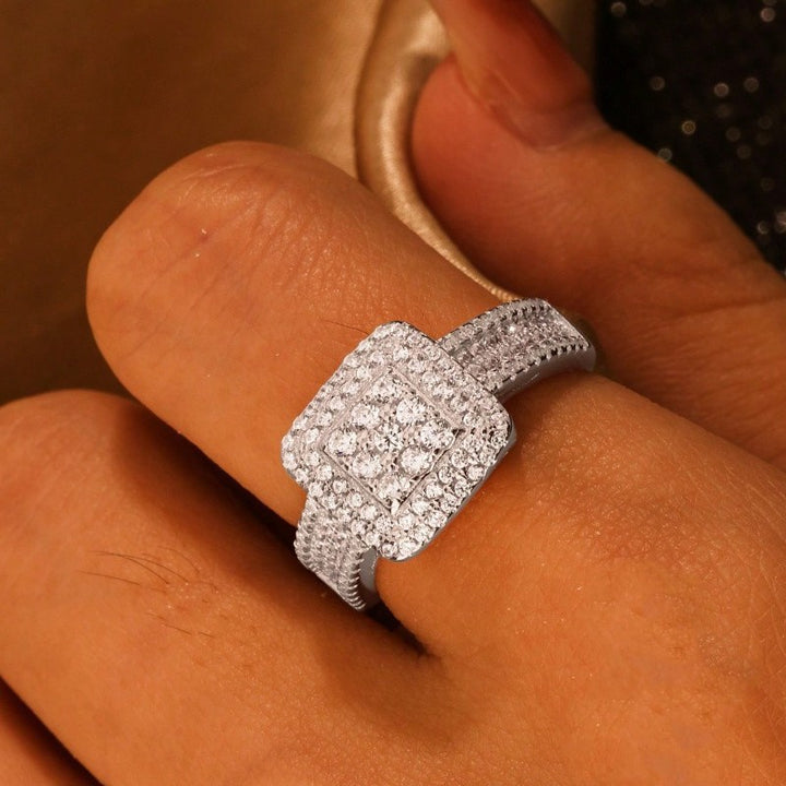 Square Double Halo Pave Diamond Statement Ring, Luxury Cocktail Engagement Wedding Finger Jewelry