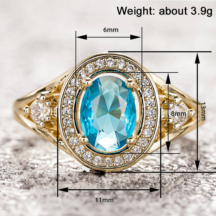 Oval Blue Gemstone Halo Diamond Accent Ring, Curved Inlaid Band Statement Cocktail Ring