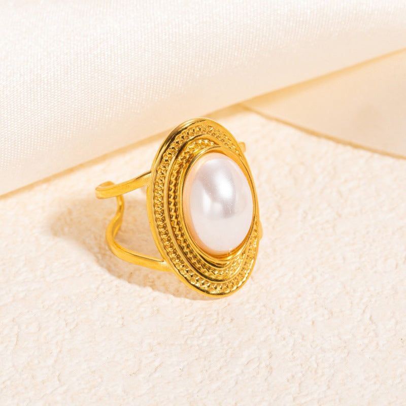 Vintage Multi-Layer Oval Pearl Open Ring, Adjustable 18K Gold Statement Ring