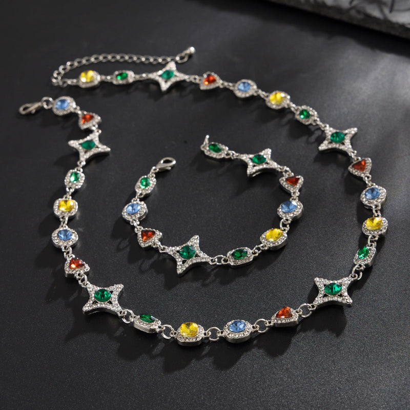 New Men's Colored Gemstone Cross Necklace and Bracelet, Colorful Gem & Diamond Star Link Jewelry Set