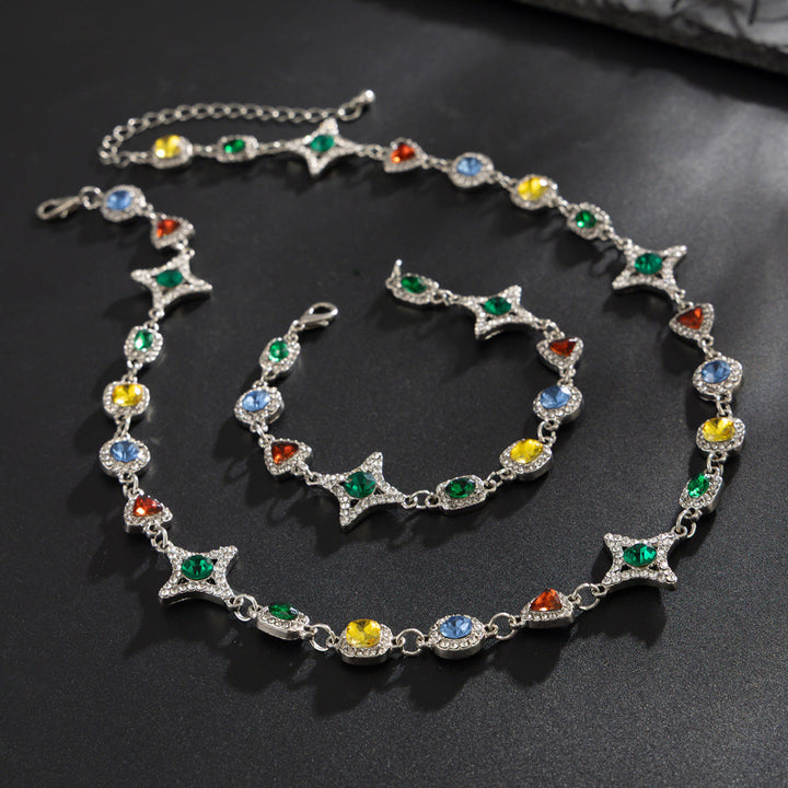 New Men's Colored Gemstone Cross Necklace and Bracelet, Colorful Gem & Diamond Star Link Jewelry Set