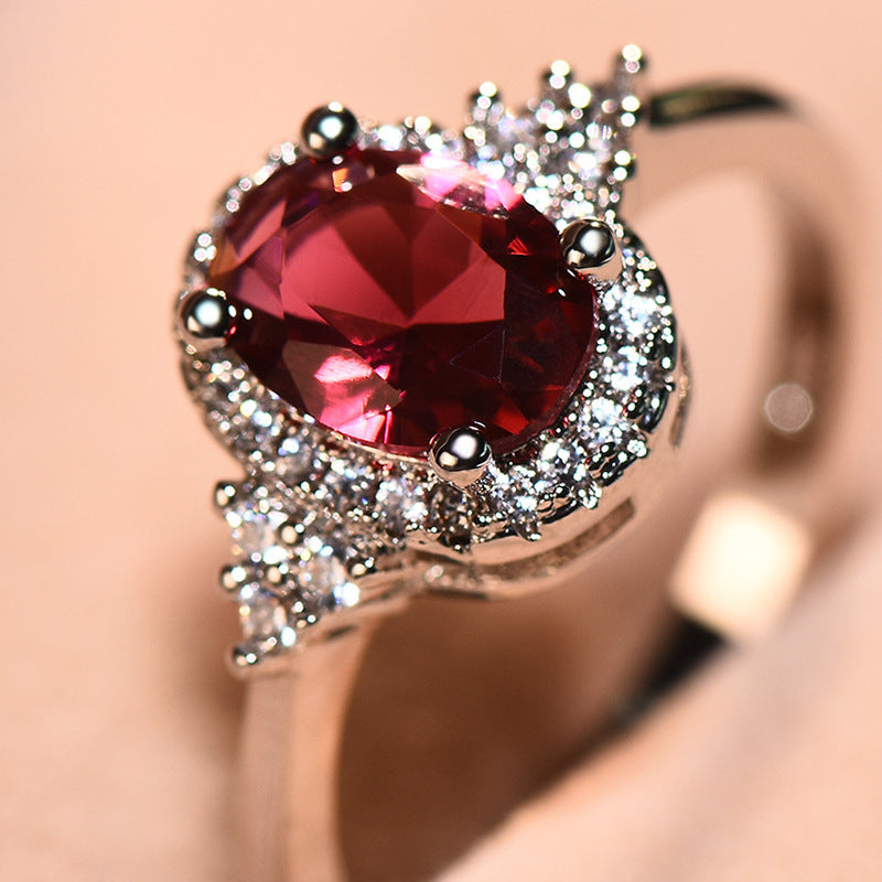 Oval red Gemstone Halo Ring, Vintage Crown Design Sparkling Diamond Accent Ladies Statement Ring