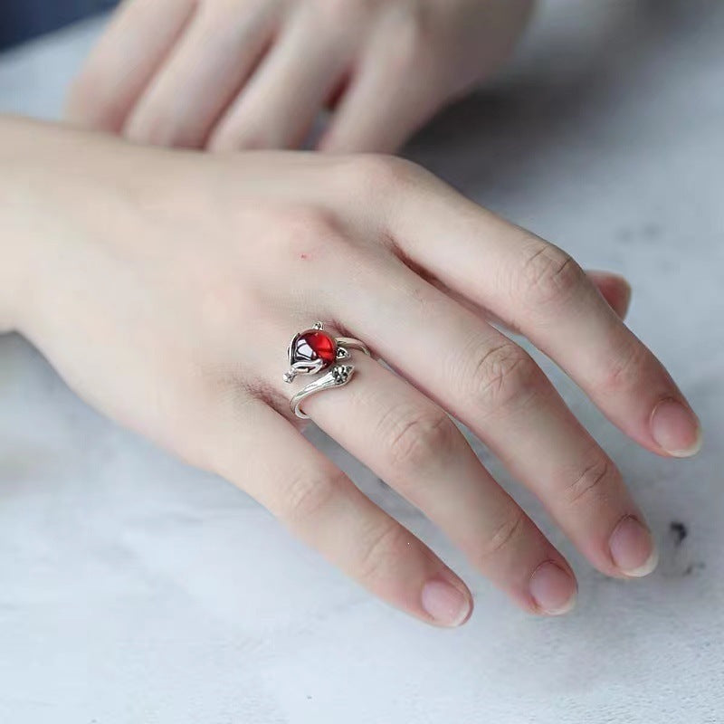Vintage Red Gem Fox Statement Ring, Antique Silver Animal Spirit Adjustable Opening Band