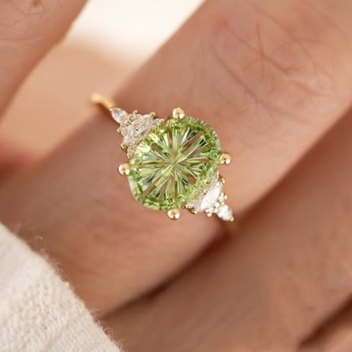 Oval Blue Topaz / Radiant Clear Diamond / Round Green Peridot Floral Side Cluster Promise Rings