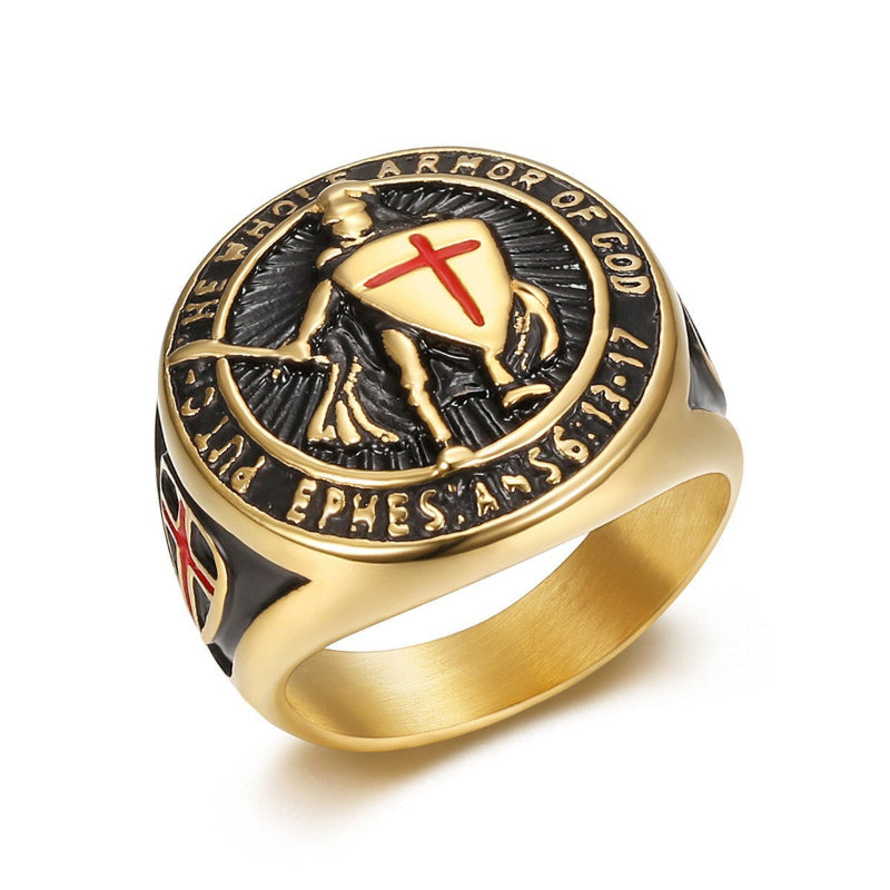 3‑Tone Warrior Cross Shield Religious Statement Ring for Men