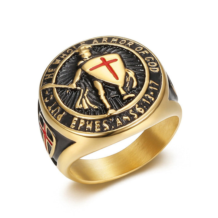 3‑Tone Warrior Cross Shield Religious Statement Ring for Men