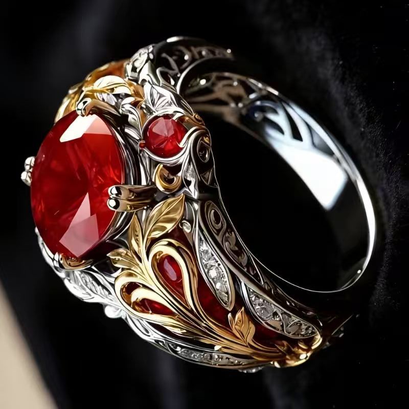 Two-Tone Carved Leaf Red Gem Diamond Vintage Wide Statement Ring