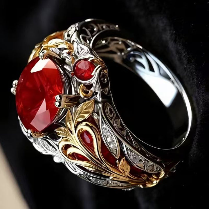 Two-Tone Carved Leaf Red Gem Diamond Vintage Wide Statement Ring