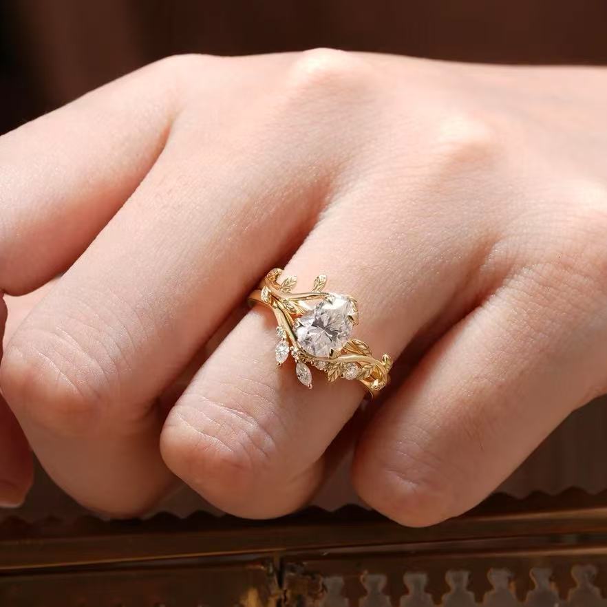 Leaf Shaped Stackable Ring Set, Elegant Teardrop Stone Matching Bands for Women