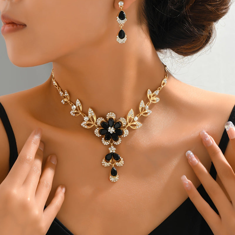Black Floral Diamonds Bib Jewelry Set, Diamonds Necklace & Drop Earrings For Women
