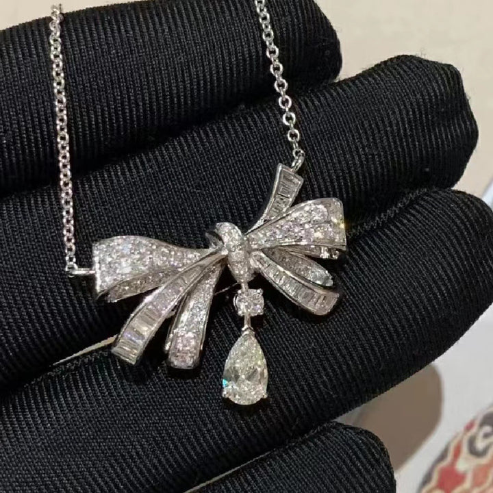 Bow Diamond Pendant Necklace, Elegant Sparkling Charm Necklace, Romantic Gift for Women