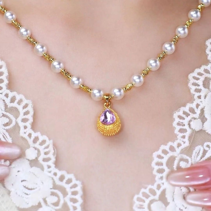 Freshwater Pearl Lotus Tassel & Teardrop Pink Gem Granulated Bezel Dainty Collarbone Jewelry For Women