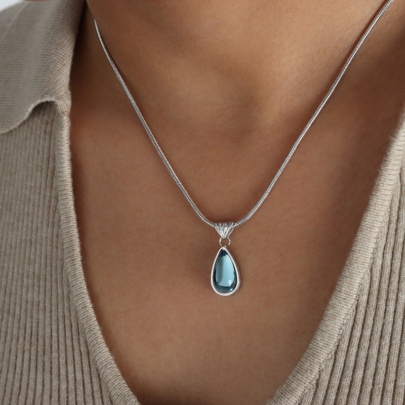 Teardrop Cabochon Gem Snake Chain Pendant Necklace, 2 Tone Calm Tone Minimal Jewelry