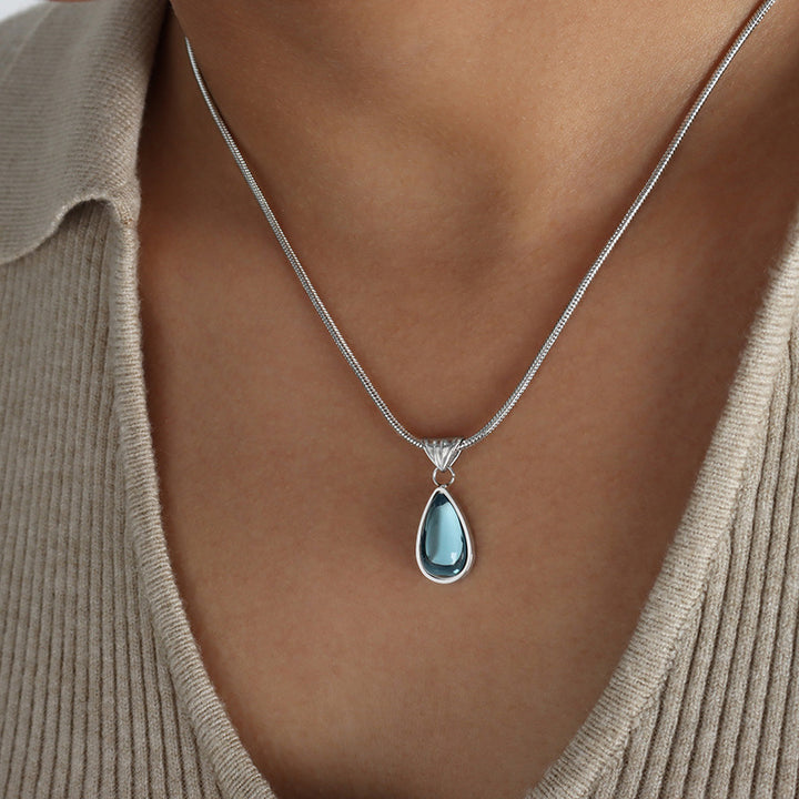 Teardrop Cabochon Gem Snake Chain Pendant Necklace, 2 Tone Calm Tone Minimal Jewelry