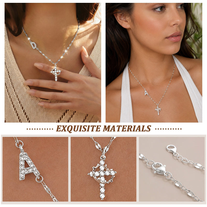 Personalized Initial Diamond Cross Necklace, 2 Tone Letter Sparkle Collarbone Jewelry