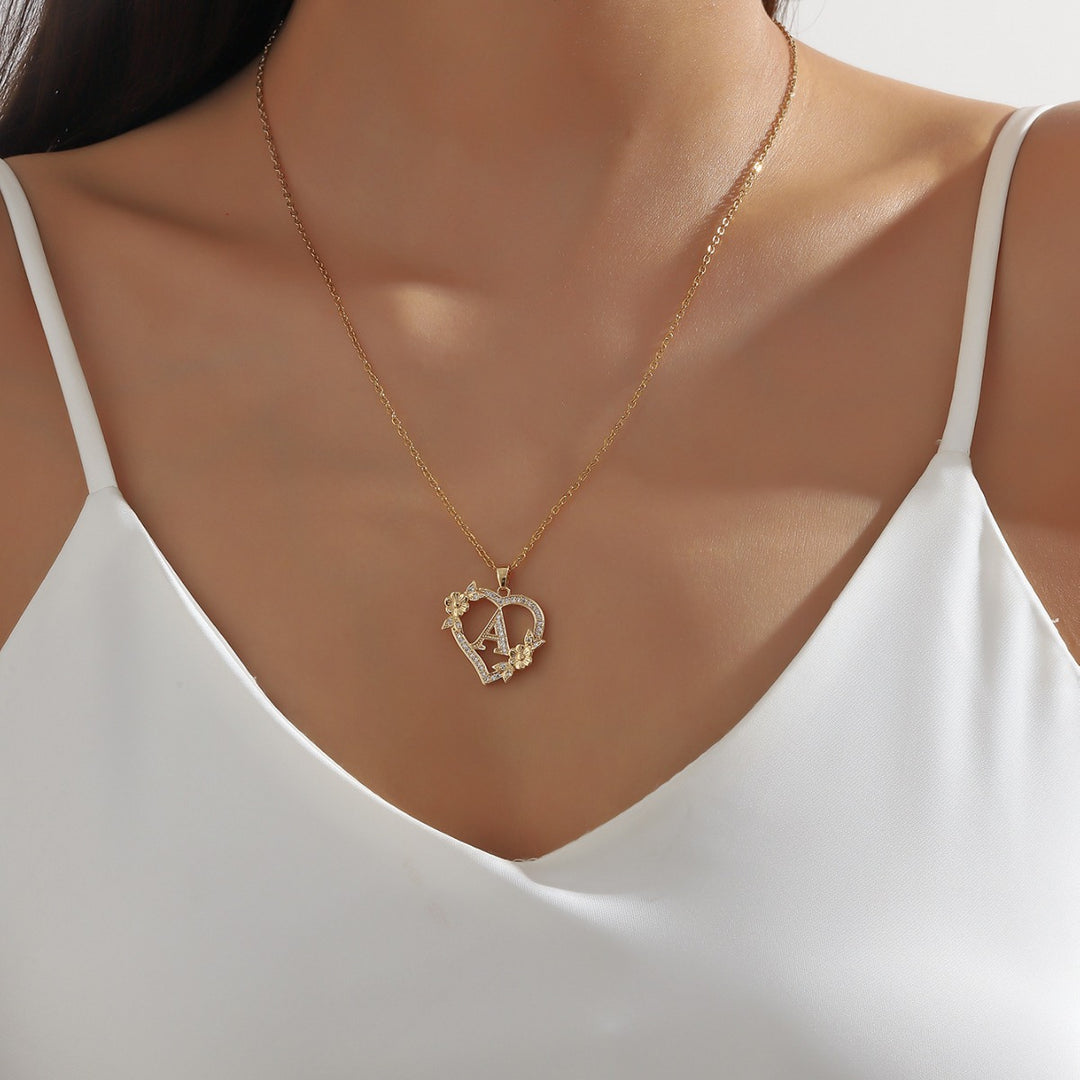 Heart‑Shape Floral 26‑Letter Initial Pendant Necklace, 2‑Tone Option