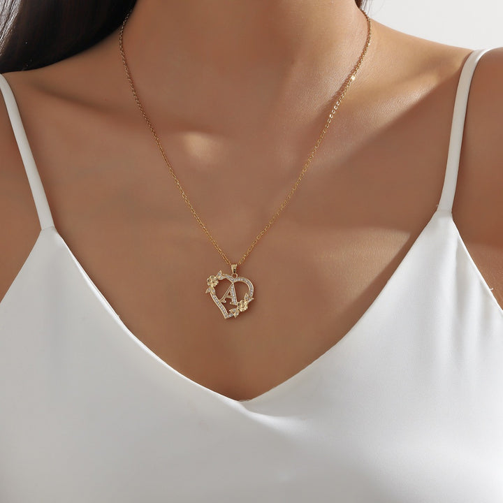 Heart‑Shape Floral 26‑Letter Initial Pendant Necklace, 2‑Tone Option