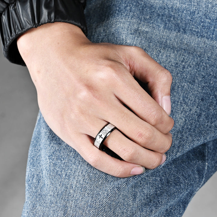 Men’s Cross Engraved Text Band Ring, Multi‑Color Edge Faith Style Ring