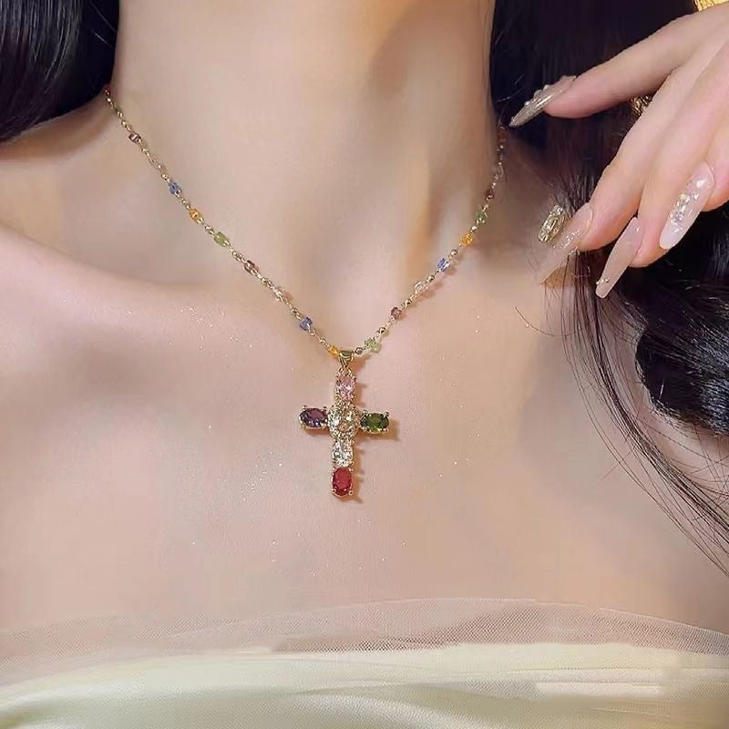 Colorful Gem Cross Pendant Necklace, Ideal for Birthday &amp; Christmas Gift for Women