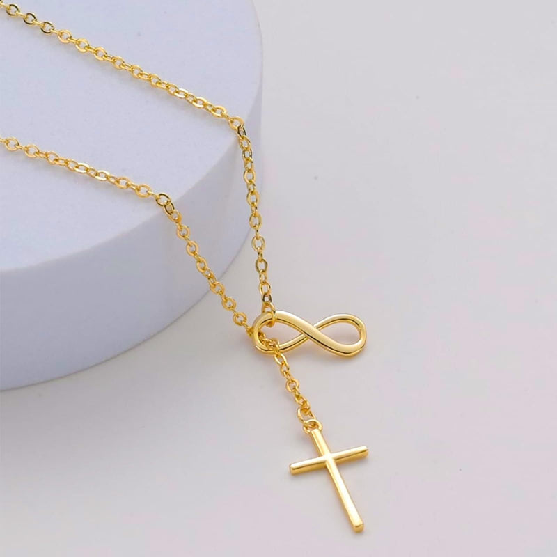 Infinity Y‑Drop Cross Necklace, Dainty Lariat Necklace With Paved Diamond Cross Pendant
