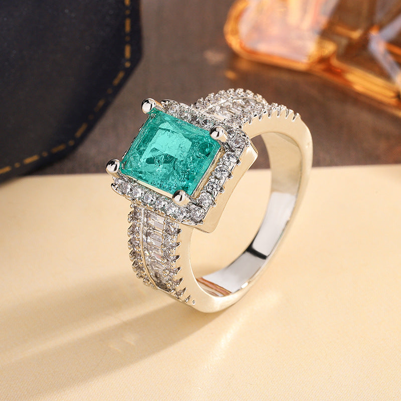 Emerald Cut Green Gemstone Halo Ring, S925 Silver Paved Diamond Statement Ring