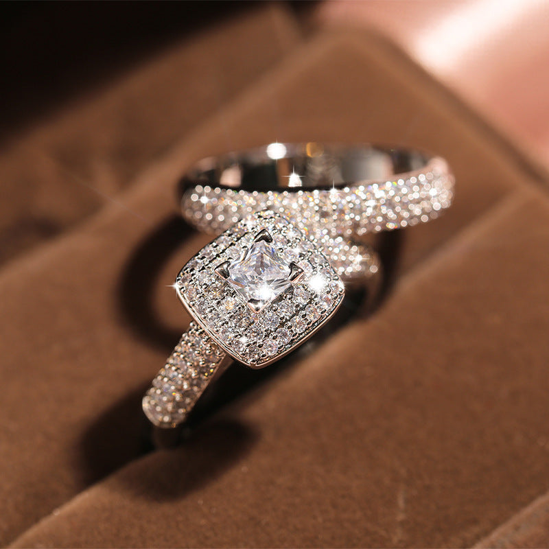 Square Double Halo Stackable Ring Set, Full Pave Eternity Matching Bridal Band Kit