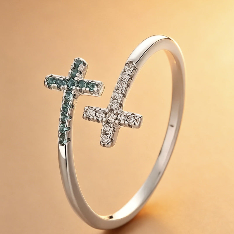 Dual Cross Pave Diamond Open Adjustable Ring, Silver Minimal Stackable Statement Band