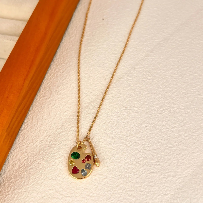 Artist Palette Paintbrush Pendant Necklace, Colorful diamonds 18K Gold Dainty Chain