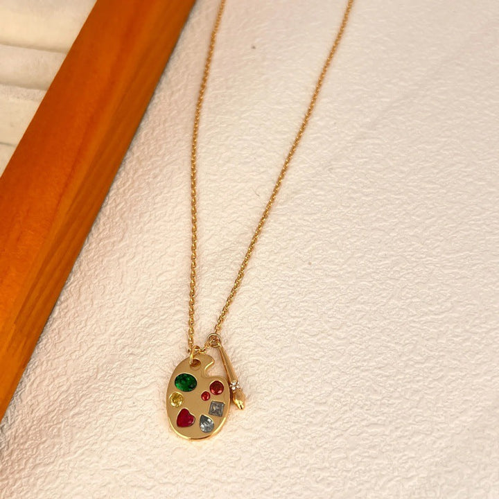 Artist Palette Paintbrush Pendant Necklace, Colorful diamonds 18K Gold Dainty Chain