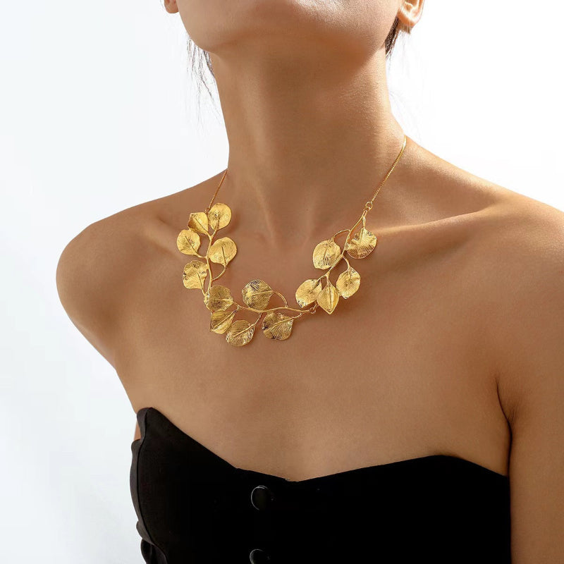 Textured Golden Leaf Vine Bib Choker, 18K Gold Nature Statement Collarbone Necklace