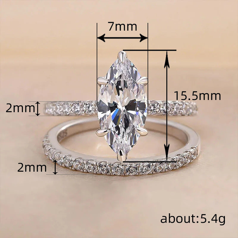Marquise Diamond Dual Row Pave Bridal Ring Set, Silver Stackable Wedding Duo