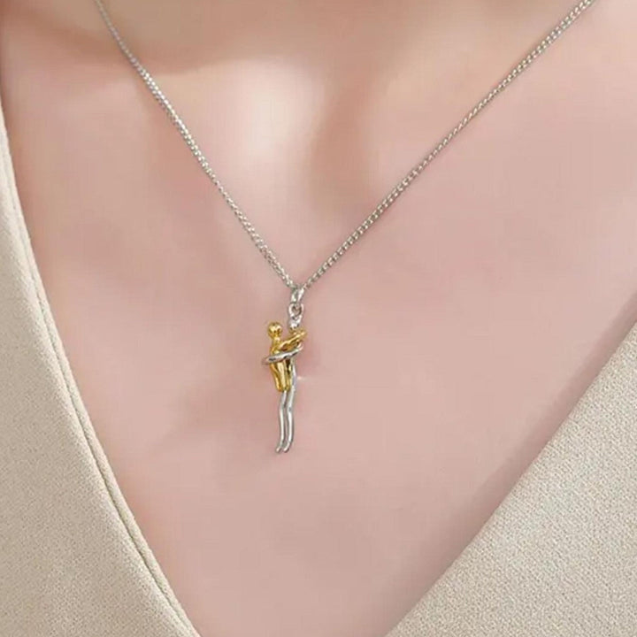 Two-Tone Silver Gold Mother and Child Embracing Necklace, Minimalist Abstract Embrace Sentimental Collarbone Jewelry