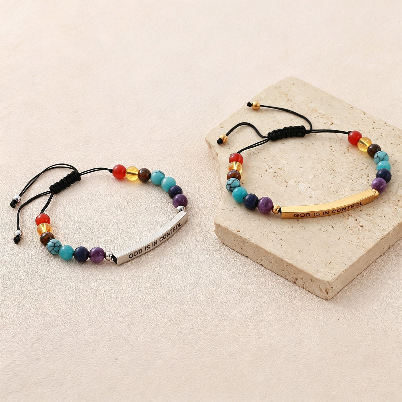 "God Is In Control" Colorful Beaded Adjustable Bracelet, Inspirational Bar Charm Bracelet Gold & Silver Tone