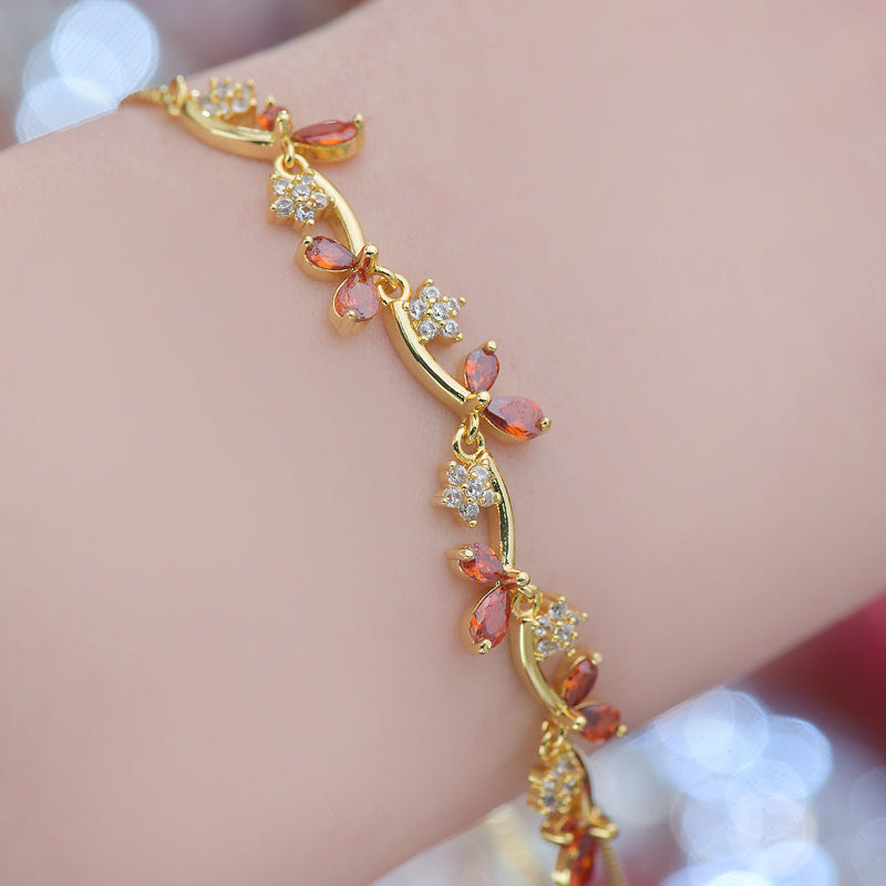 Gold Vine Leaf Bud Stone Adjustable Bracelet, Romantic Branch Stackable Wrist Chain