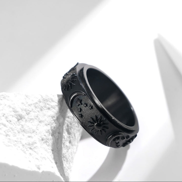 Sun, Moon, and Star Rotatable Ring, Vintage Engraved Rotatable Stress‑Relief Ring