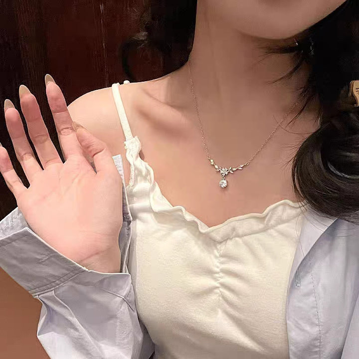 Floral and Wheat-Ear Diamond Pendant Necklace, Dainty Sparkling Charm
