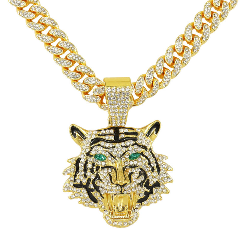 Hip-hop Style Iced‑Out Roaring Tiger Head Diamond Pendant with Cuban Link Chain