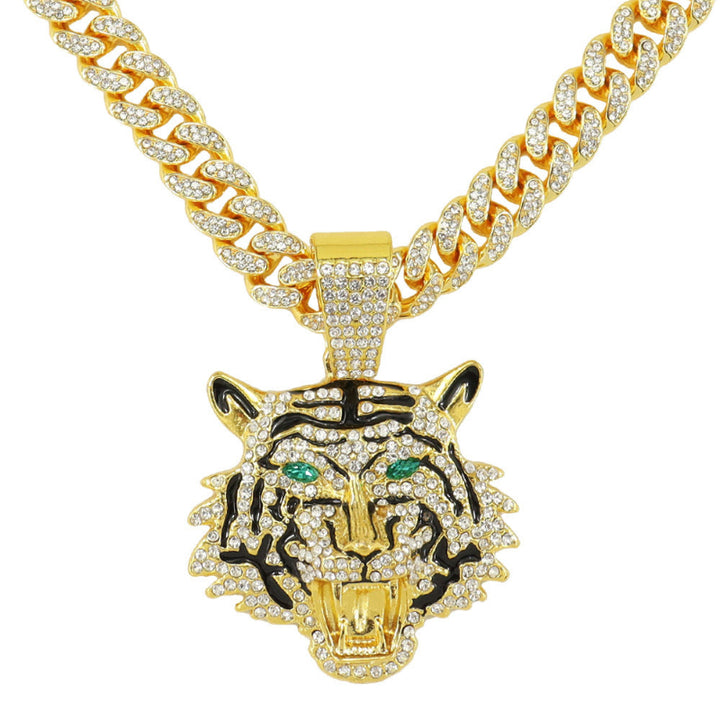 Hip-hop Style Iced‑Out Roaring Tiger Head Diamond Pendant with Cuban Link Chain