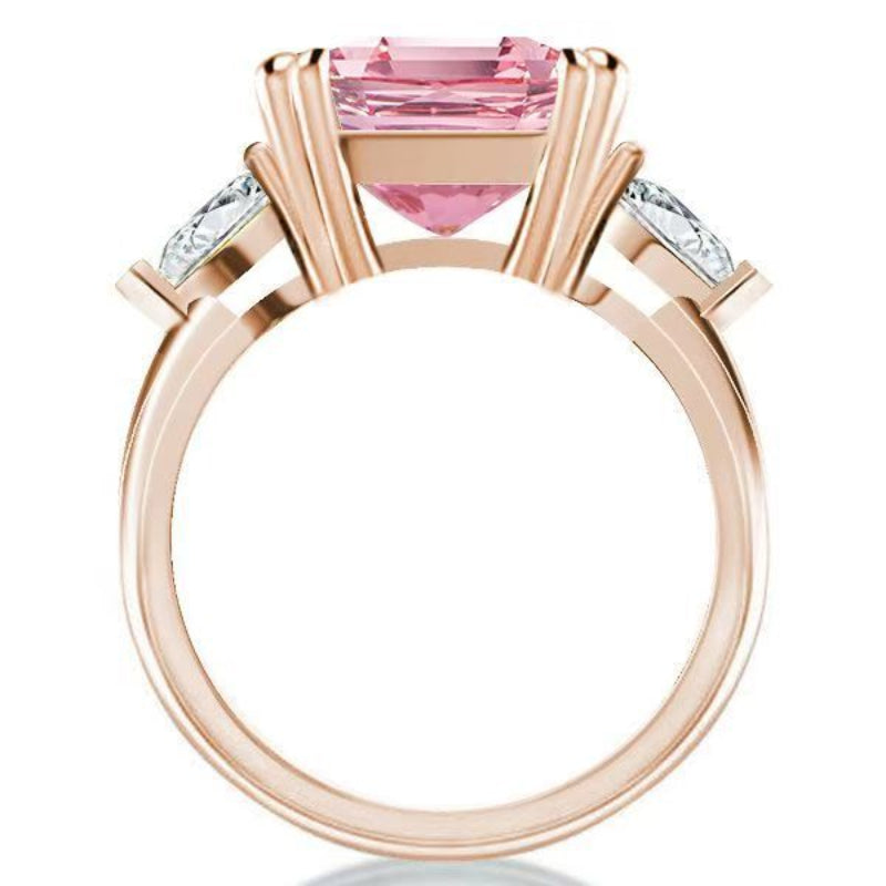 Emerald Cut Pink Gem Rose Gold Solitaire Ring, Side Teardrop Diamond Accent Band