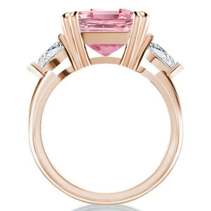 Emerald Cut Pink Gem Rose Gold Solitaire Ring, Side Teardrop Diamond Accent Band