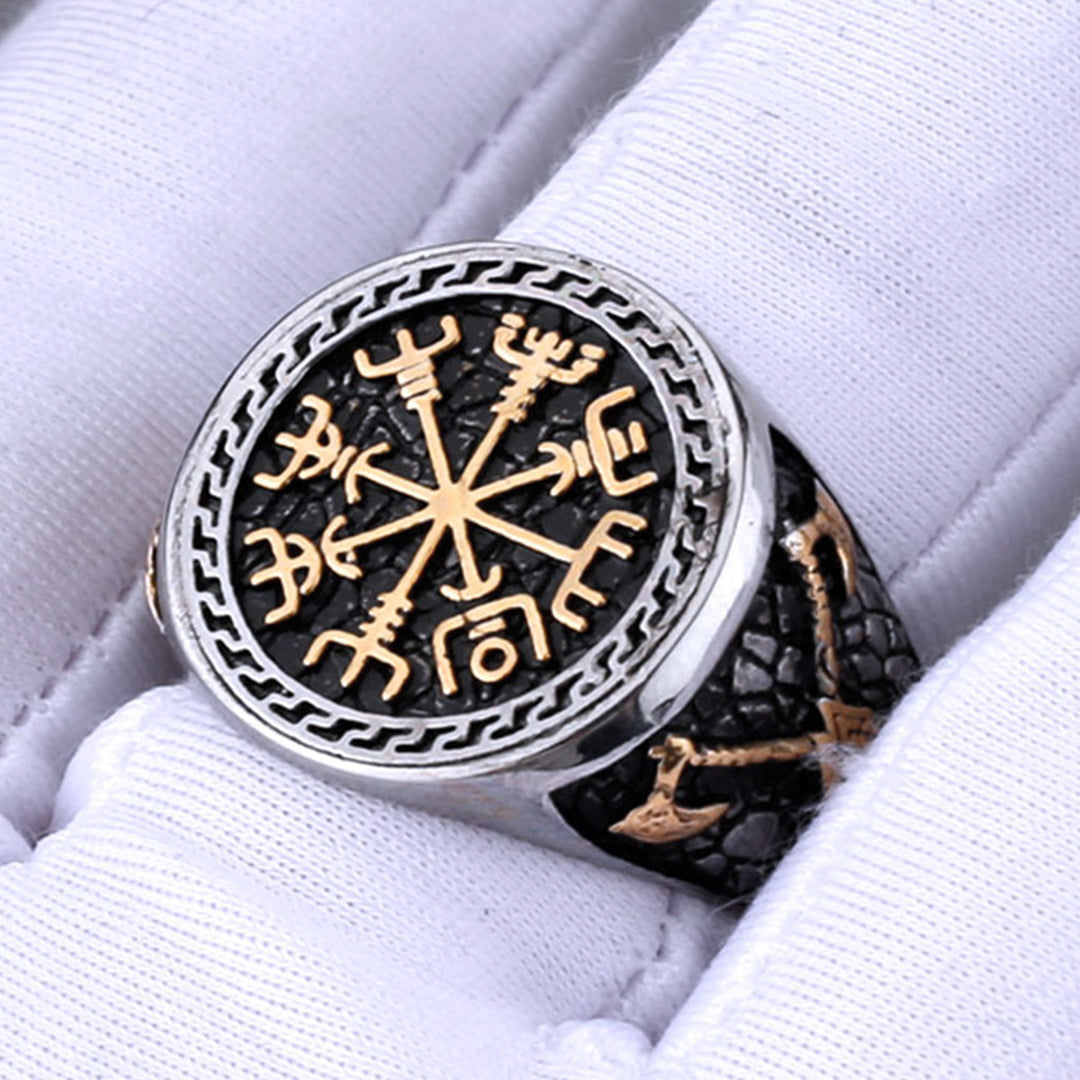 Vintage Viking Symbol Signet Ring, Norse Compass Pattern Statement Ring for Men Biker Jewelry