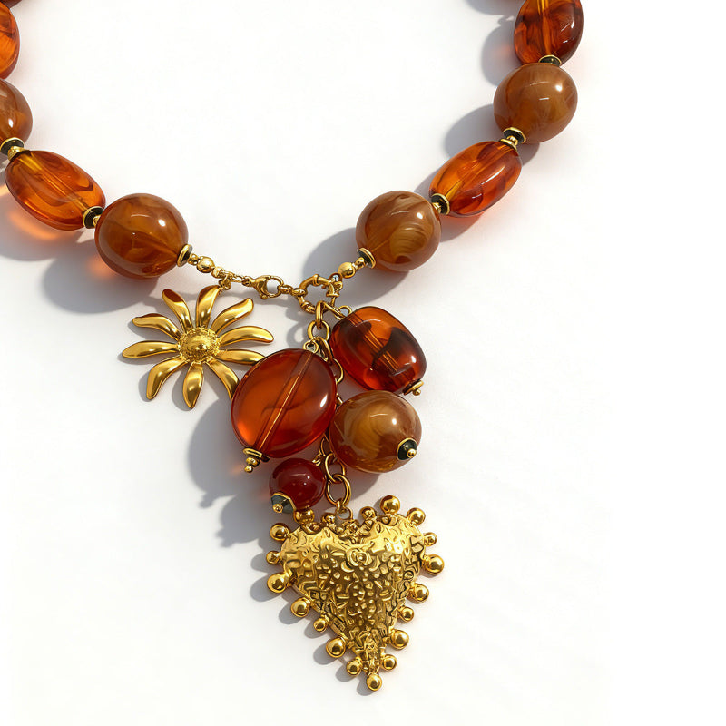 Vintage Swirl Amber Bead Heart Sunflower Charm Necklace, Retro 18K Gold Statement Collar
