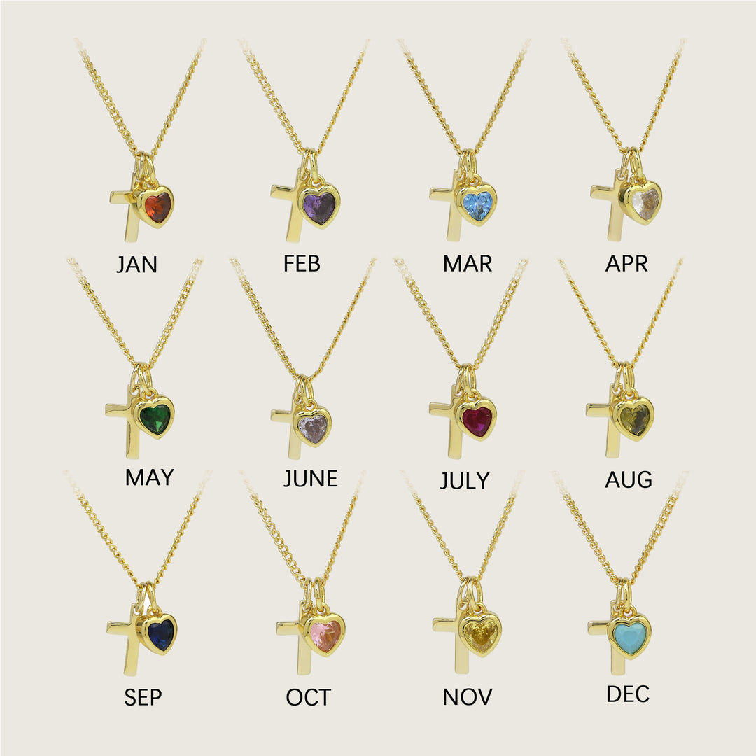 14K Cross Heart Birthstone Necklace, Ideal for Gifting and Everyday Daily Wear