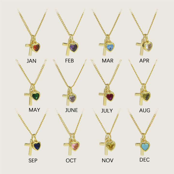 14K Cross Heart Birthstone Necklace, Ideal for Gifting and Everyday Daily Wear