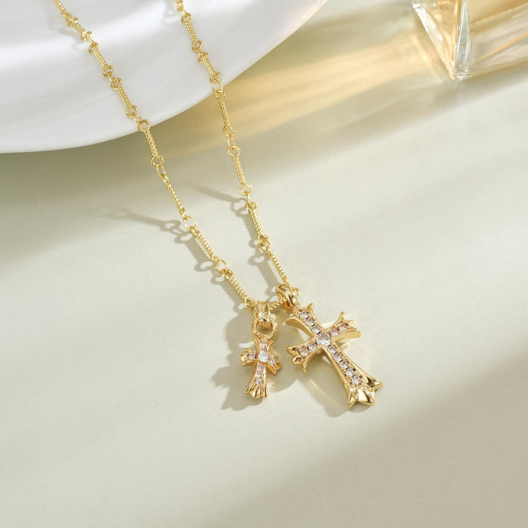 Double Cross Pendant Diamond Necklace, Versatile Statement Sweater Necklace, Trendy Gift for Women Men